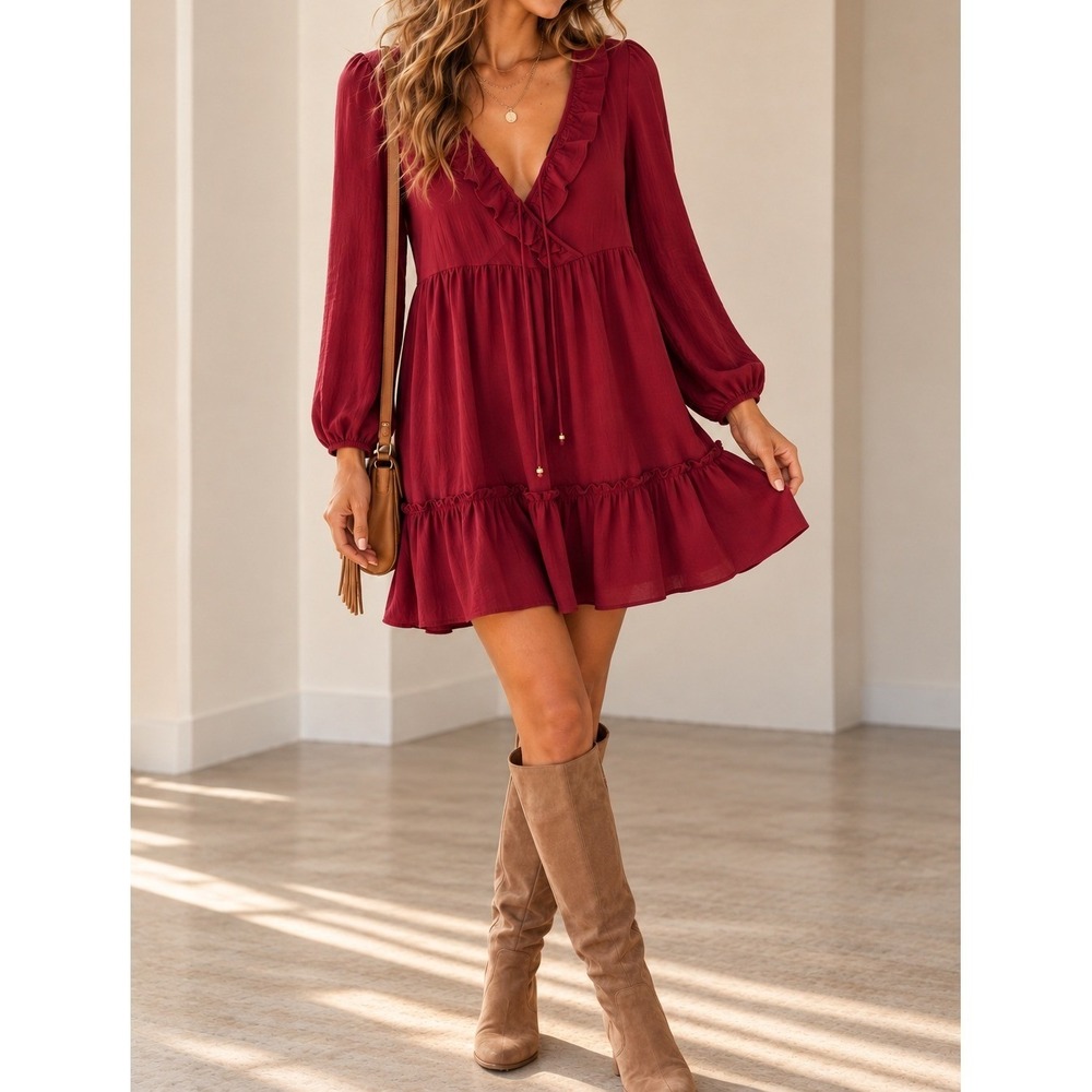 City Triangles Burgundy Ruffle V-Neck Babydoll Dress Long Sleeve Wine Small